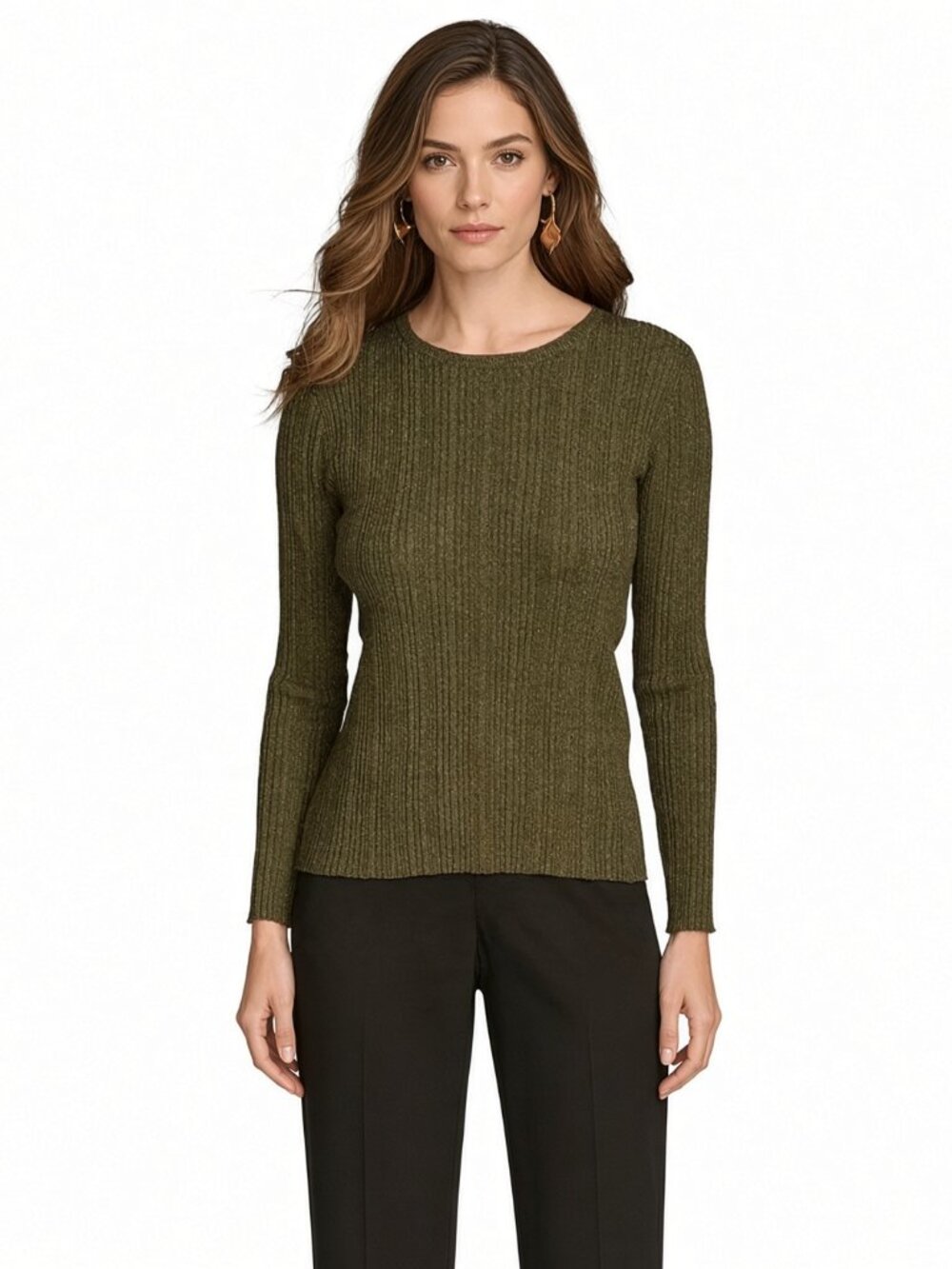NWT Donna Karan Wool Blend Multi Ribbed Crew Neck Long Sleeve Top